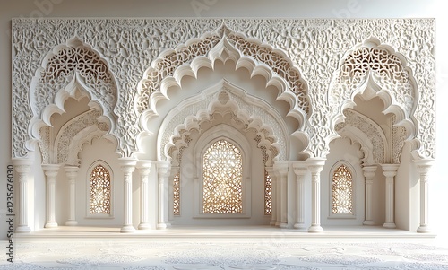 Exquisite arabesque wall design featuring arched niches in a pristine white room


