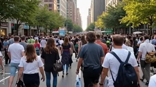 Wallpaper Mural A bustling city street filled with crowd lot of people going about their daily routines, bathed in warm autumn sunlight. Selective focus on the moving crowd. Torontodigital.ca