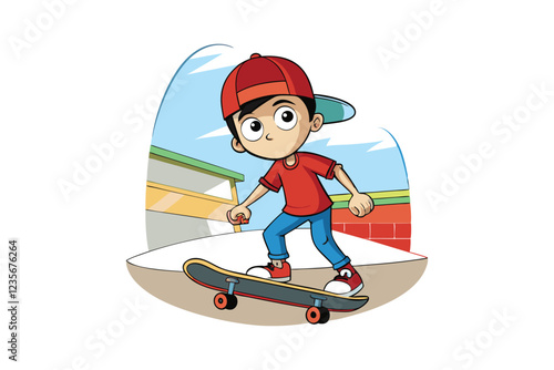 Cartoon vector art illustration of a young boy riding a skateboard.eps