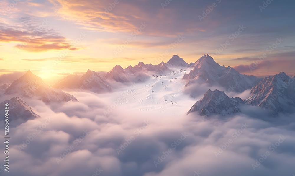 Majestic mountains rise above clouds at sunset, creating a serene and picturesque landscape. Majestic mountains rise above clouds at sunset, creating a serene and picturesque landscape.