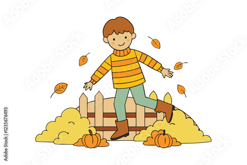 Cartoon vector art illustration of a child jumping into a pile of autumn leaves.eps