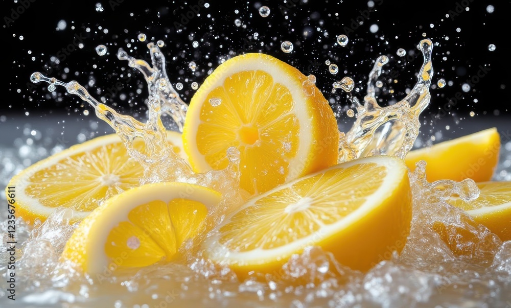 Fresh lemon slices splashing in water