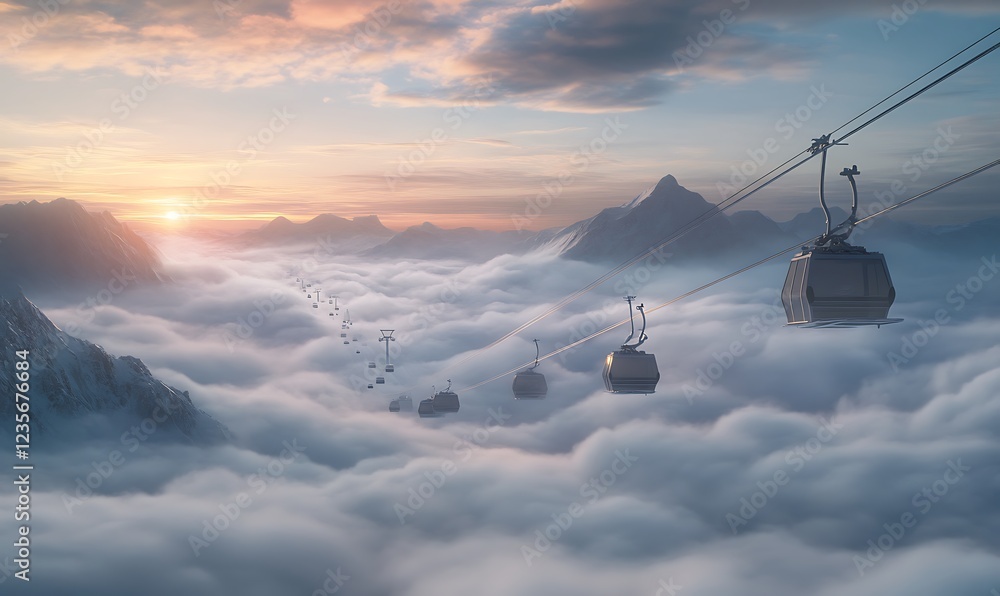 Gondolas glide above clouds during a stunning sunrise over majestic mountains. Gondolas glide above clouds during a stunning sunrise over majestic mountains.