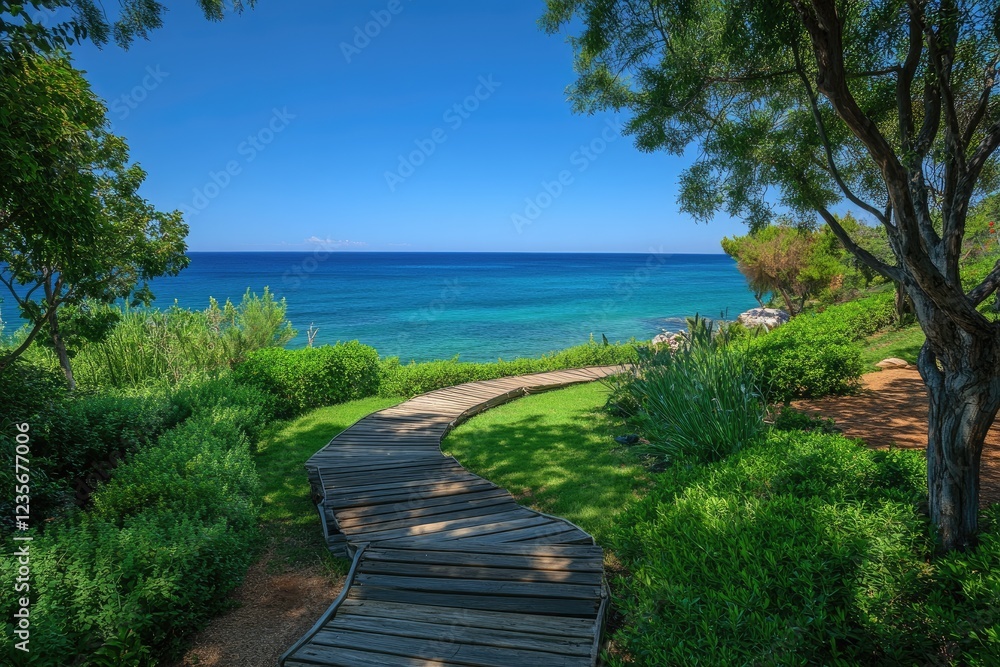 Serene tropical pathway leading to ocean view Serene tropical pathway leading to ocean view