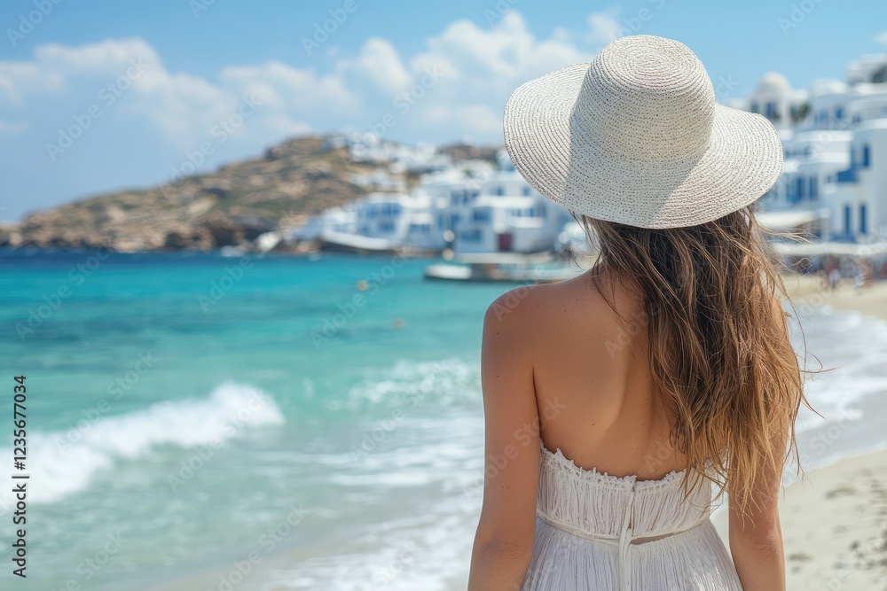 Tourist enjoying summer vacations in mykonos, greece, looking at turquoise sea and white houses Tourist enjoying summer vacations in mykonos, greece, looking at turquoise sea and white houses