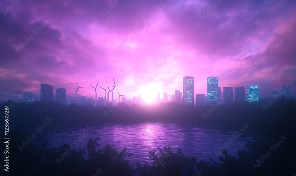 Fototapeta premium A vibrant sunset over a futuristic cityscape with wind turbines and a reflective water surface.