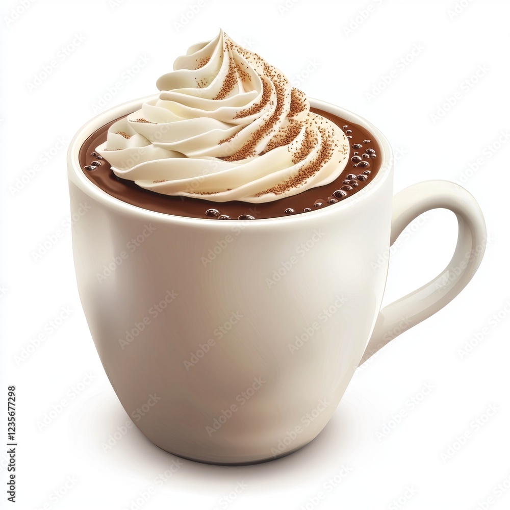 Delicious Creamy Hot Chocolate with Whipped Topping in White Mug on Bright Background Delicious Creamy Hot Chocolate with Whipped Topping in White Mug on Bright Background