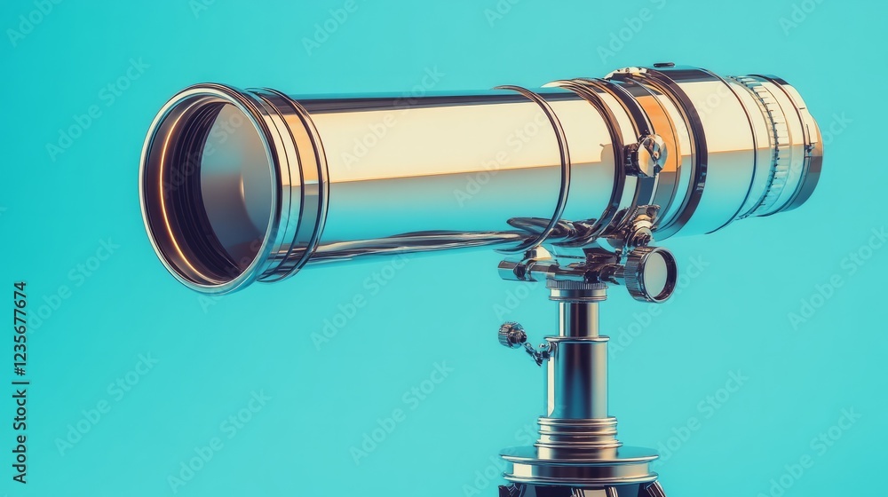 A compact futuristic telescope with chrome accents, pastel blue backdrop A compact futuristic telescope with chrome accents, pastel blue backdrop