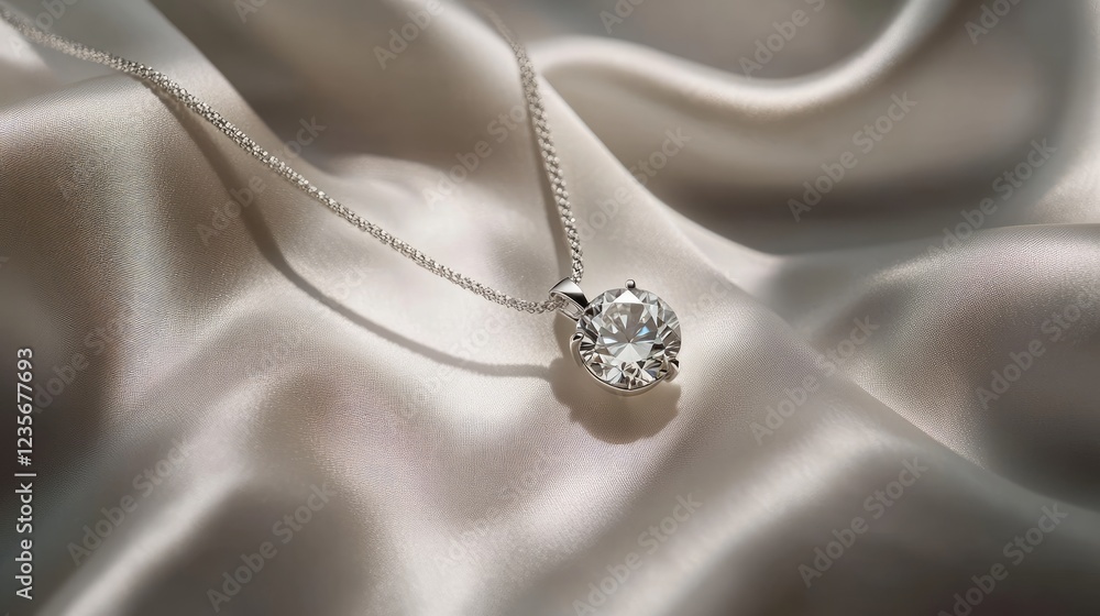 A natural diamond pendant on a fine chain, placed delicately on white silk fabric, with reflections of soft light, showcasing its brilliance A natural diamond pendant on a fine chain, placed delicately on white silk fabric, with reflections of soft light, showcasing its brilliance