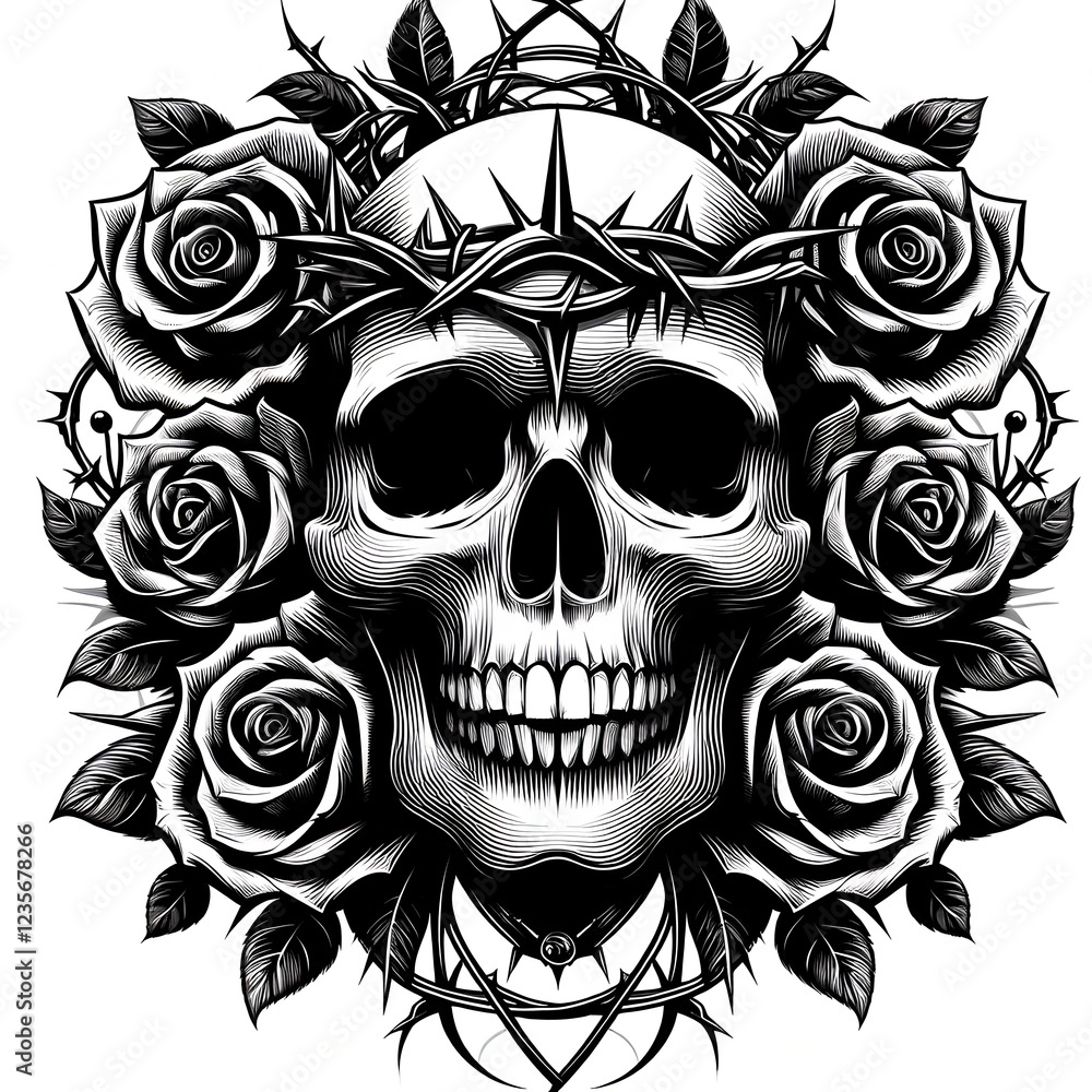 Stylized skull surrounded by roses and thorns, made in black and white Stylized skull surrounded by roses and thorns, made in black and white
