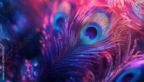 Vibrant peacock feathers in neon pink and blue light.
