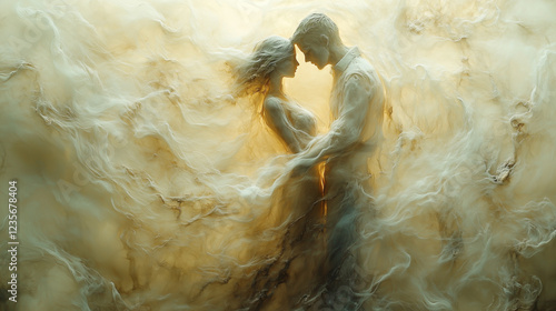 Ethereal Couple Embracing as Translucent Figures Dissolving into Air