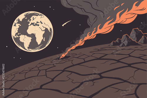 A CGI rendering of Earth, viewed from space, being engulfed in flames and smoke, with a dark, ominous sky in the background. The planet is tilted, showing the Americas and parts of Europe and Africa. 