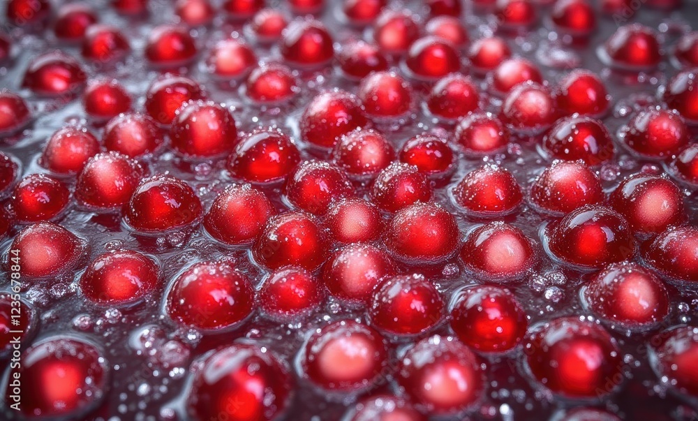 Vibrant red fruit submerged in liquid Vibrant red fruit submerged in liquid