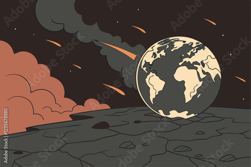 A CGI rendering of Earth, viewed from space, being engulfed in flames and smoke, with a dark, ominous sky in the background. The planet is tilted, showing the Americas and parts of Europe and Africa. 