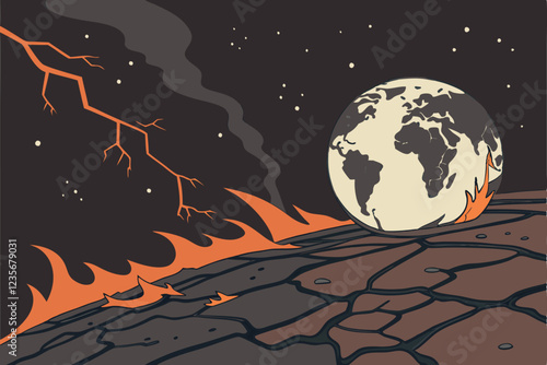 A CGI rendering of Earth, viewed from space, being engulfed in flames and smoke, with a dark, ominous sky in the background. The planet is tilted, showing the Americas and parts of Europe and Africa. 