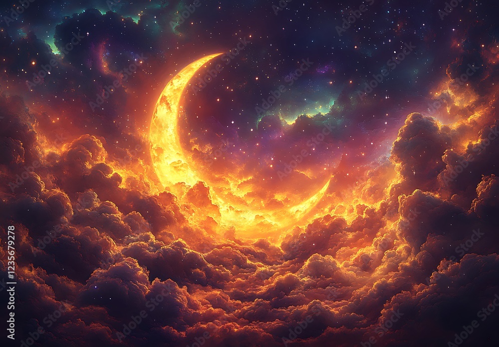 Vibrant digital artwork of a crescent moon glowing amid colorful nebula like clouds in a starry sky
Vibrant digital artwork of a crescent moon glowing amid colorful nebula like clouds in a starry sky