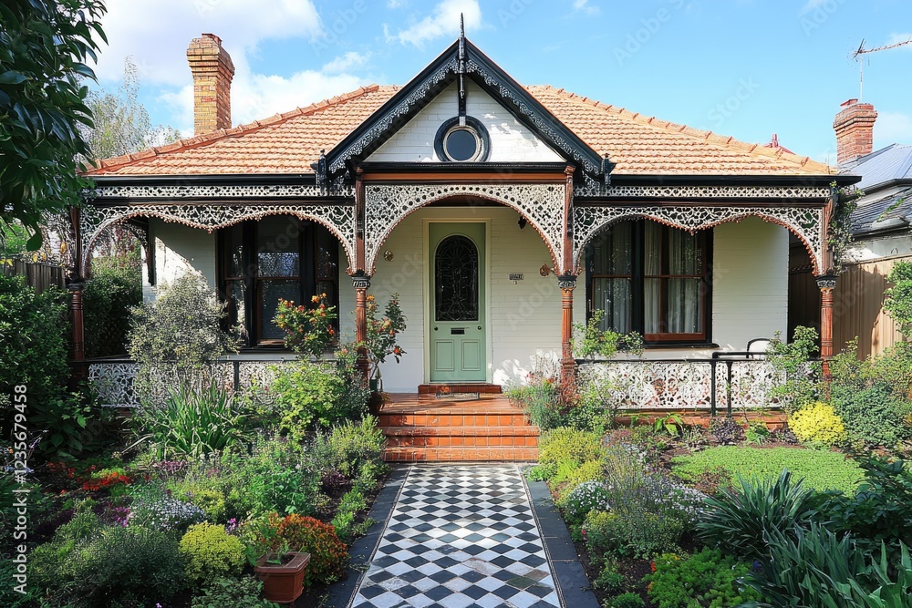 Fototapeta premium Charming victorian house with checkered pathway and lush garden