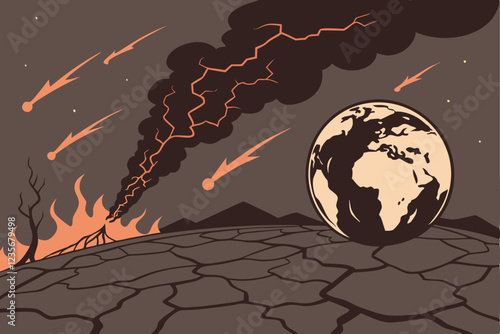 A CGI rendering of Earth, viewed from space, being engulfed in flames and smoke, with a dark, ominous sky in the background. The planet is tilted, showing the Americas and parts of Europe and Africa. 