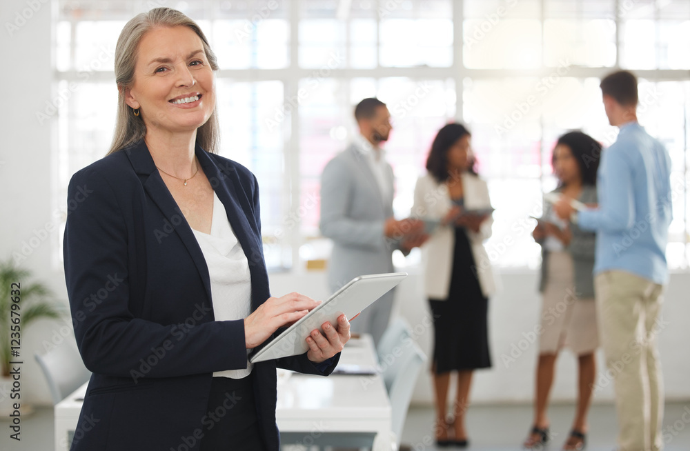 Portrait, businesswoman and ceo with tablet in office, corporate meeting and scroll online for notes. Boardroom, mature person and team leader with digital for agenda, project management and review Portrait, businesswoman and ceo with tablet in office, corporate meeting and scroll online for notes. Boardroom, mature person and team leader with digital for agenda, project management and review