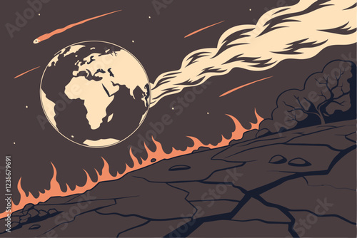 A CGI rendering of Earth, viewed from space, being engulfed in flames and smoke, with a dark, ominous sky in the background. The planet is tilted, showing the Americas and parts of Europe and Africa. 