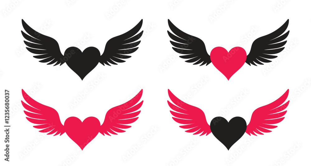 Fototapeta premium Vector Heart With Wings Icon Set