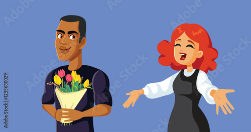 
Girlfriend Receives Her Suitor with Open Arms Vector Illustration. Couple being romantic and affectionate with each other 