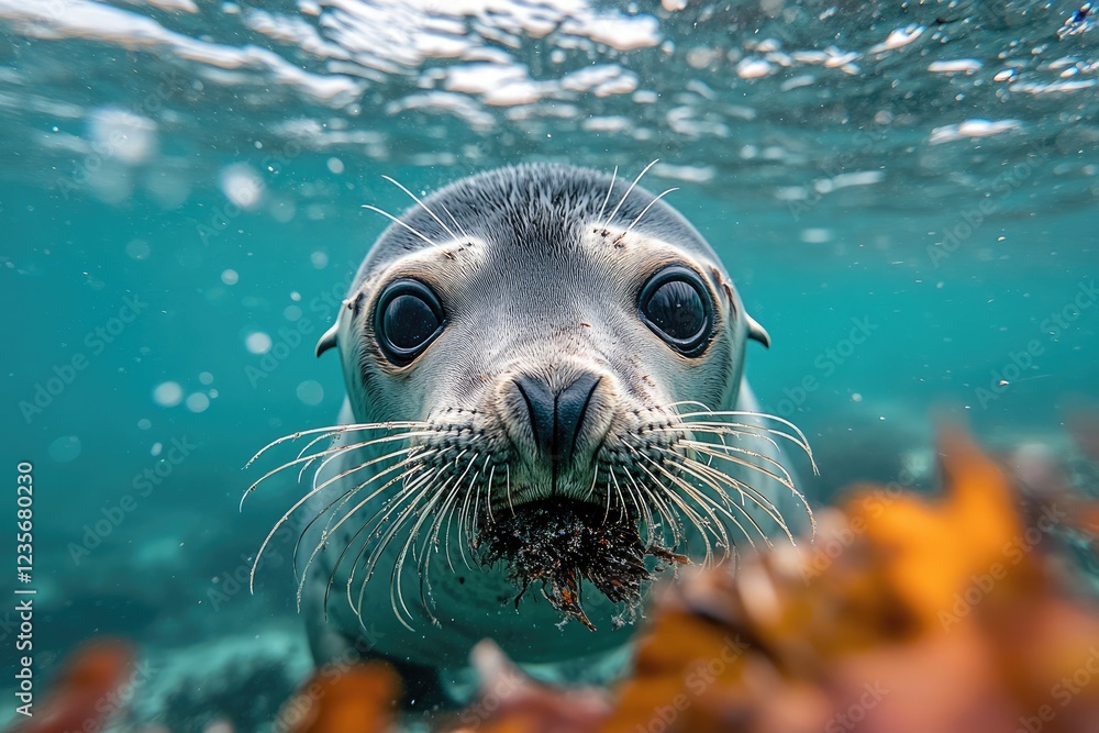 Fototapeta premium Curious seal pup swimming underwater in turquoise water