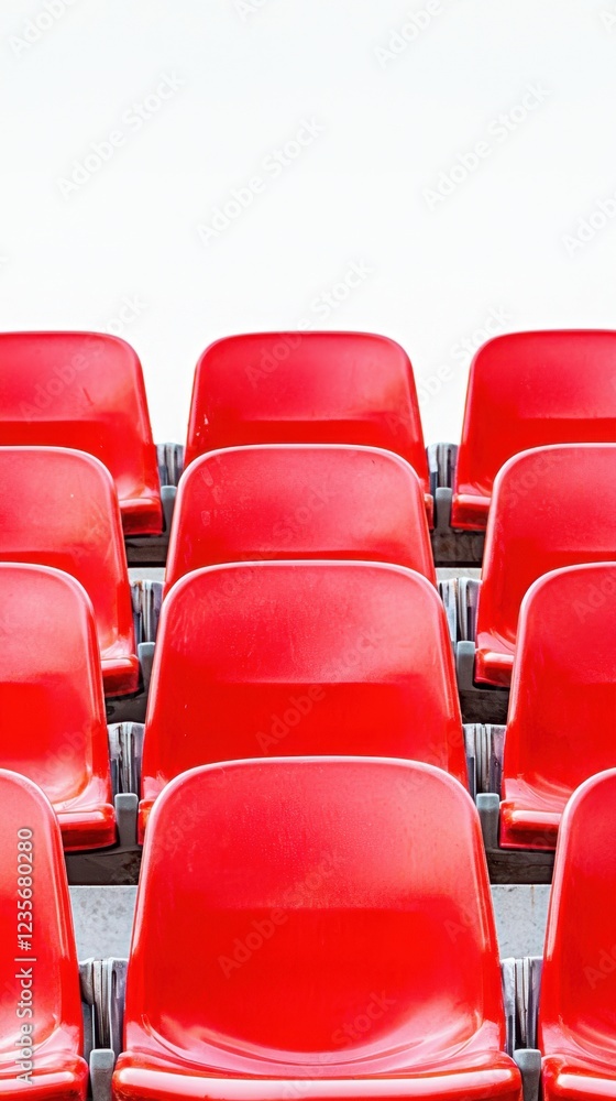 Fototapeta premium Rows of Bright Red Plastic Chairs on a Minimalist Background