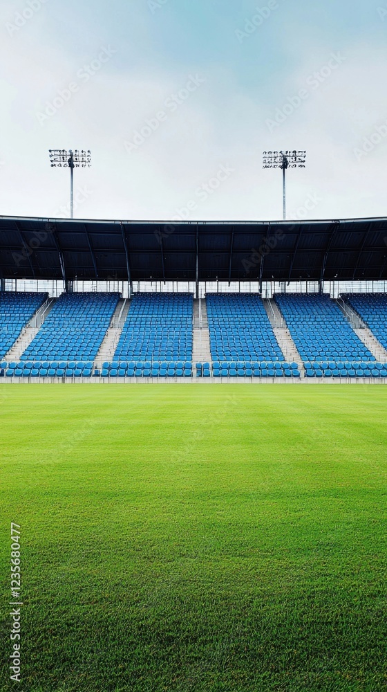 Fototapeta premium Empty Stadium View with Blue Seats and Green Grass Field Landscape