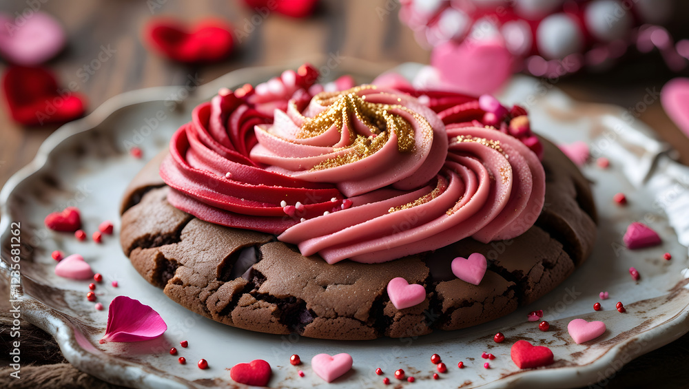 A decadent Valentine's cookie with chocolate chunks, crimson-pink swirls, and gold dust, resting on rustic wood or vintage ceramic, surrounded by romantic accents. A decadent Valentine's cookie with chocolate chunks, crimson-pink swirls, and gold dust, resting on rustic wood or vintage ceramic, surrounded by romantic accents.