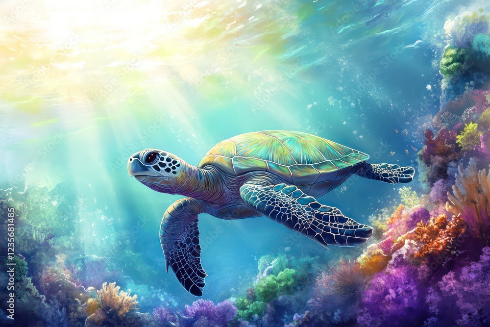 Obraz premium A sea turtle swimming gracefully over coral with sunlight filtering through the water.
