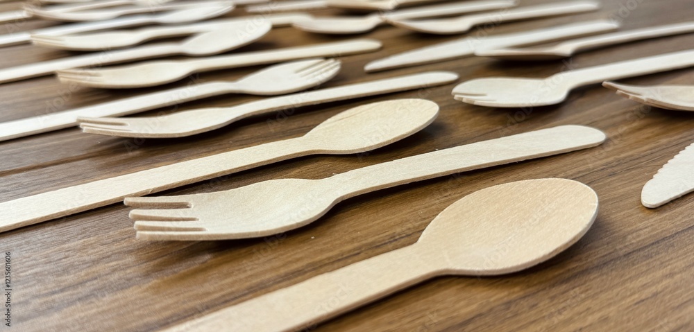 Eco-friendly disposable utensils made of wood. Environmental protection, save nature, ecology plastic-free, zero waste concept. No pollution land by plastic. Eco-friendly disposable utensils made of wood. Environmental protection, save nature, ecology plastic-free, zero waste concept. No pollution land by plastic.