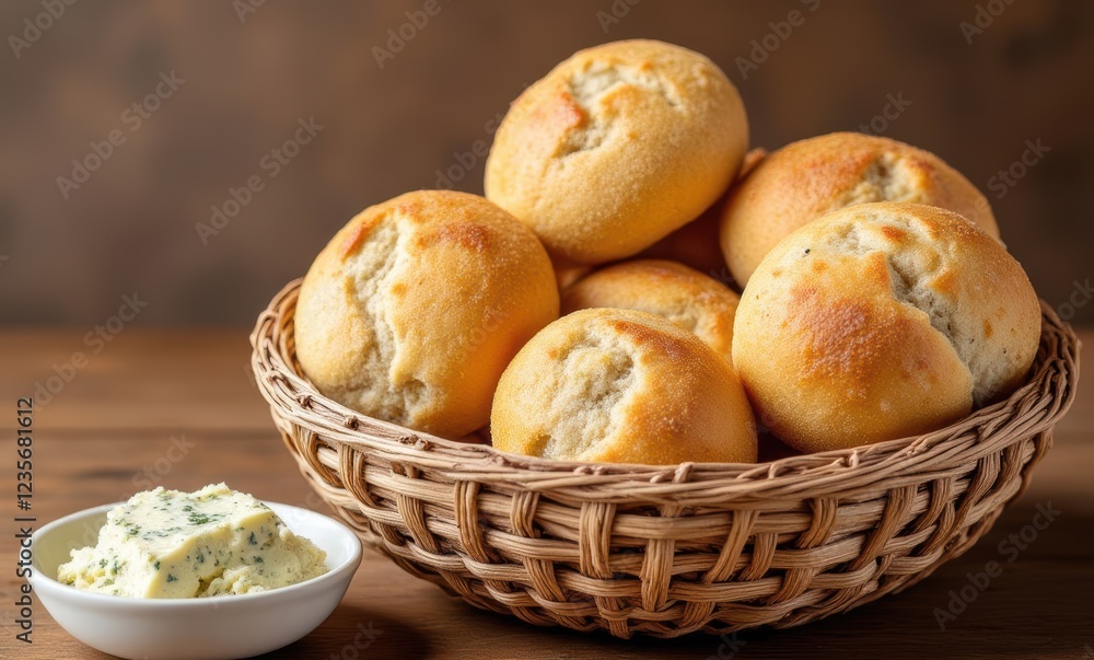Freshly baked bread rolls with butter. Freshly baked bread rolls with butter.