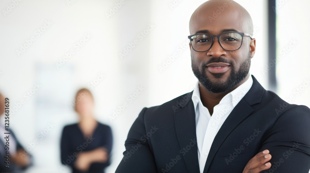 A confident man in glasses stands in a professional setting, exuding leadership and charisma, with colleagues blurred in the background. A confident man in glasses stands in a professional setting, exuding leadership and charisma, with colleagues blurred in the background.