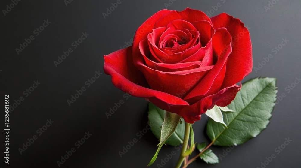 A single red rose, its intricate thorny stem visible, set against a sleek black background to highlight its elegance and depth A single red rose, its intricate thorny stem visible, set against a sleek black background to highlight its elegance and depth