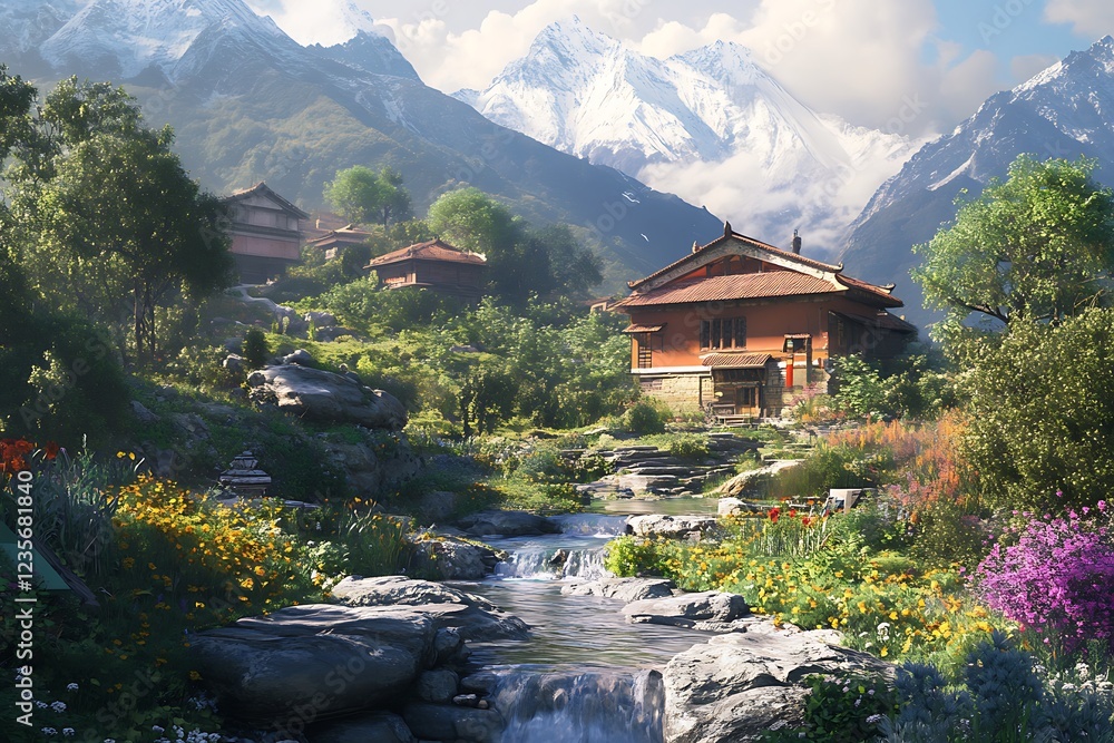 Naklejka premium A serene mountain landscape featuring a traditional house, flowing stream, and vibrant flowers.