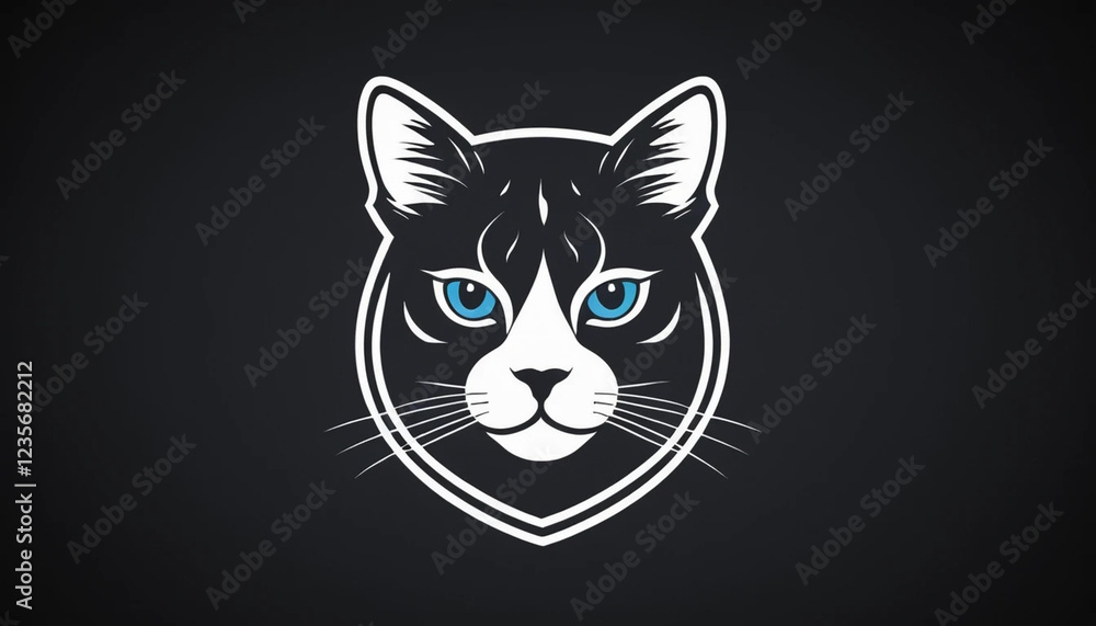 Obraz premium Stylish Black and White Cat Head Logo Design with Vibrant Blue Eyes, Perfect for Pet Shops or Veterinary Clinics