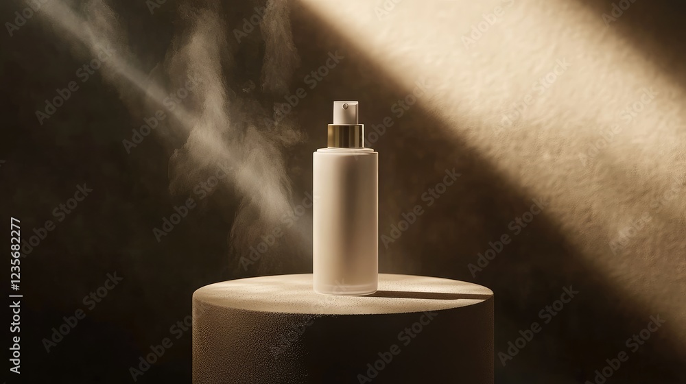 A sleek me lotion bottle on a pedestal, bathed in soft spotlights to showcase its premium texture and design in a beauty product mockup A sleek me lotion bottle on a pedestal, bathed in soft spotlights to showcase its premium texture and design in a beauty product mockup