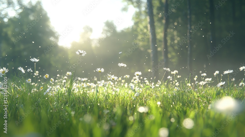 Obraz premium White wildflowers bloom in a lush green grassy meadow during a bright sunny morning with soft light filtering through the forest trees.