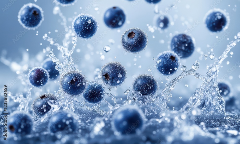 Fresh blueberries splashing in water Fresh blueberries splashing in water