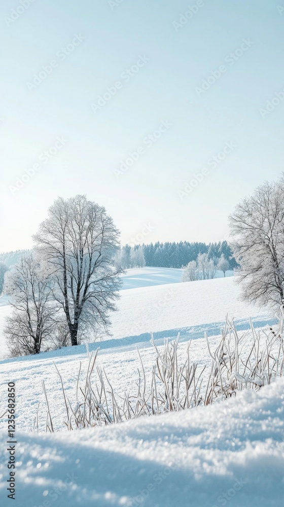 Serene Winter Landscape with Snow-Covered Trees and Clear Sky Serene Winter Landscape with Snow-Covered Trees and Clear Sky