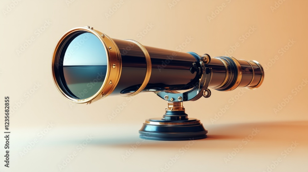 A futuristic metallic blue telescope, centered on a soft beige gradient backdrop A futuristic metallic blue telescope, centered on a soft beige gradient backdrop
