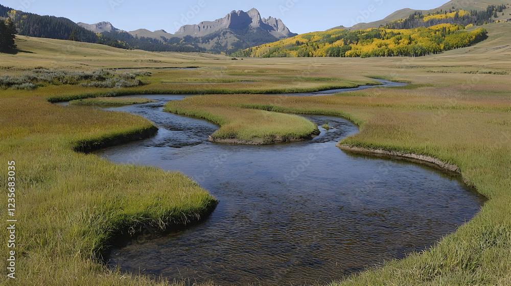 Winding river through autumnal meadow, mountains backdrop Winding river through autumnal meadow, mountains backdrop