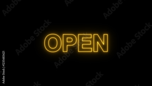 Open icon on black background. Glowing Open sign.