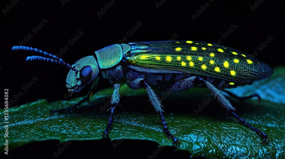 Fototapeta premium Vibrant Beetle with Glowing Spots on Leaf in Dark Environment