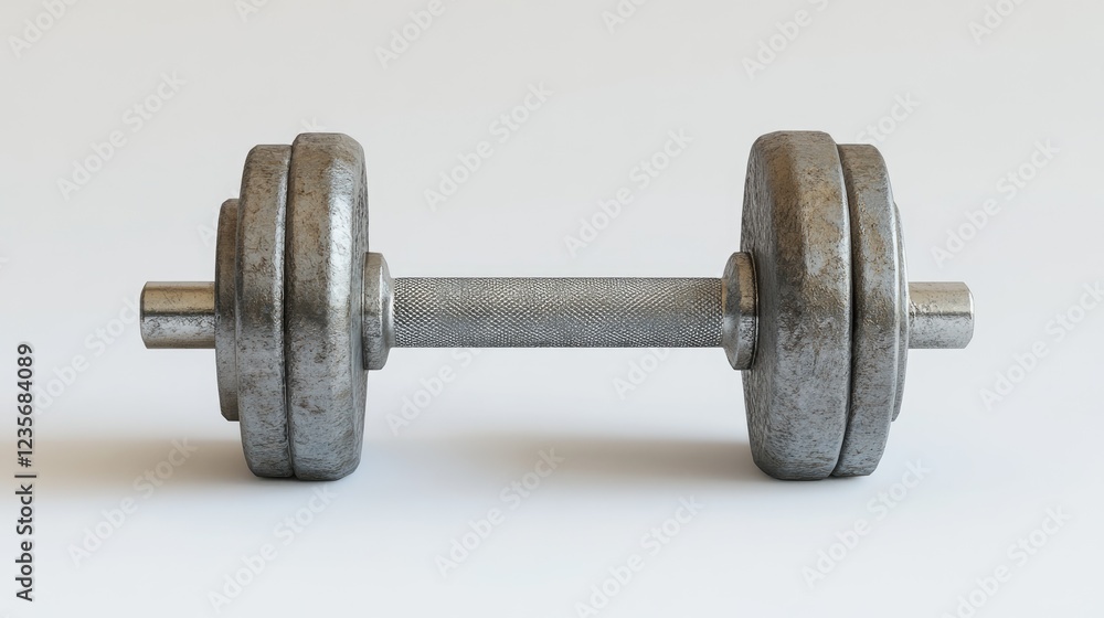 Fototapeta premium A steel dumbbell placed on a pristine white background, showcasing its sturdy build and modern design, ideal for strength training and fitness-related visuals