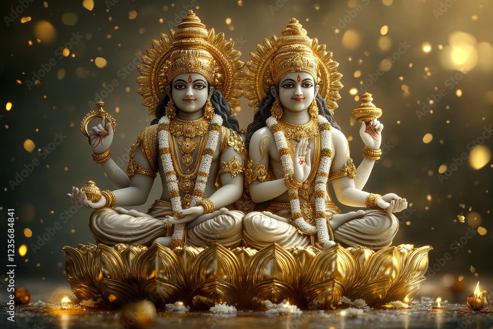 Fototapeta premium Lakshmi Narayan idols, seated, bokeh background, religious art