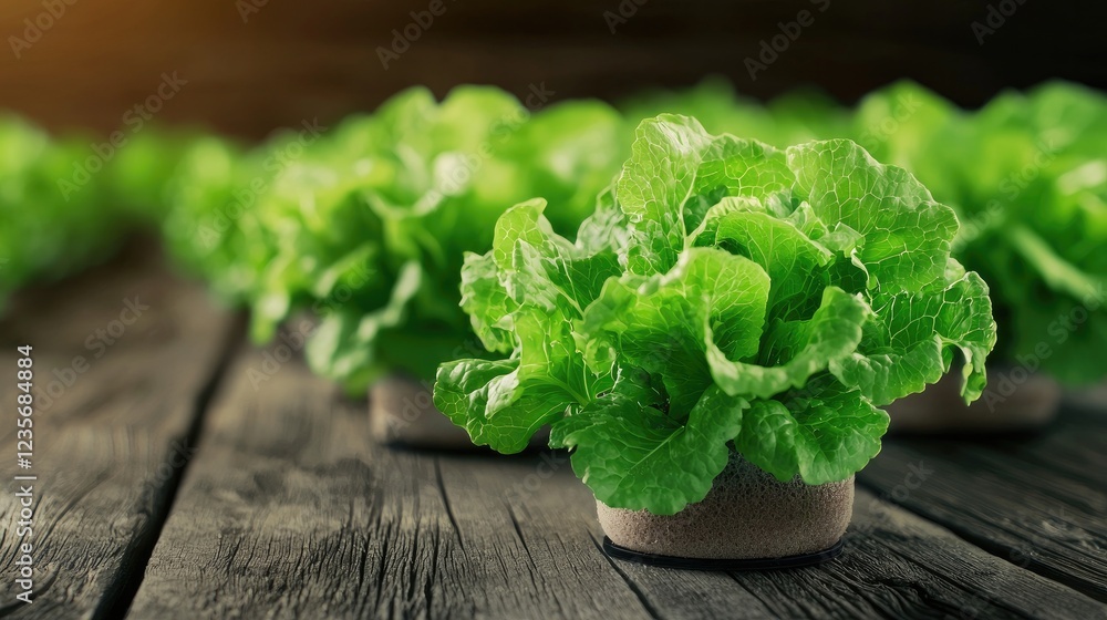 Fresh, vibrant lettuce growing in pots on a rustic wooden surface, illuminated by soft, natural light, highlighting its crisp texture. Fresh, vibrant lettuce growing in pots on a rustic wooden surface, illuminated by soft, natural light, highlighting its crisp texture.