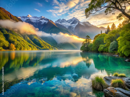 serene landscape featuring tranquil lake surrounded by lush green mountains and snow capped peaks. vibrant colors reflect beautifully in water, creating peaceful atmosphere photo